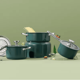 9 pcs Stainless Steel Ceramic Coated Pot Set, Including 1 Milk Pot, 2 Stockpots, 1 Non-stick Pan, 4 LIDS And 1 Steamer Green (Option: Green)